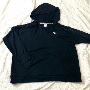 👟 PINK V-Neck Hoodie with Lace Up Shoulders and Kangaroo Pocket.